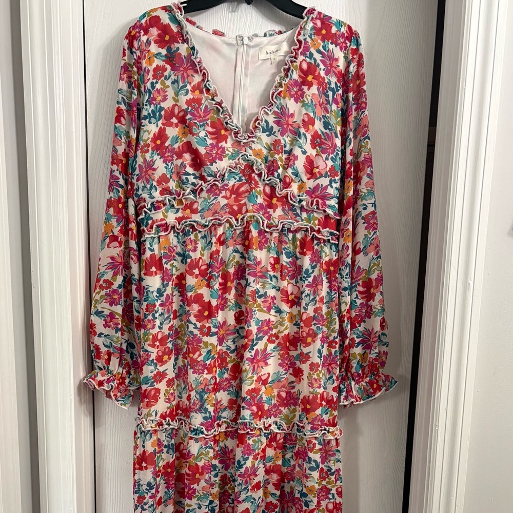 bohme Floral Long Sleeve V-Neck Maxi Dress in White, Red, Pink, Teal